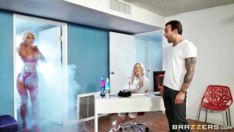 Nicolette Shea in pink lingerie and lab coat fantasy scene