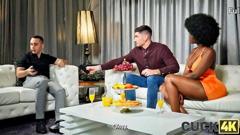 Raul Costa in cuckold threesome with ebony babe in orange mini dress
