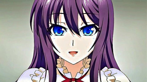 Close-up of cute purple-haired anime girl in school uniform, blue eyes, hentai style