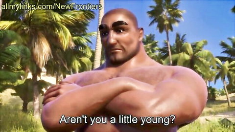 3D animated muscular black hunk arms crossed on tropical beach, NewFrontiers