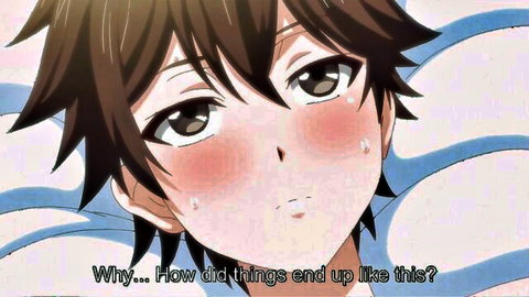 Blushing anime cutie boy with teary eyes in dripping wet erotic confusion
