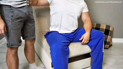 Muscular bull seduces older man in sweatpants, teasing bulge for hot jerk-off