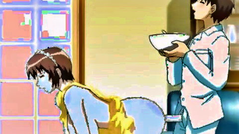 Hentai petite girl bent over nude ass and pussy exposed as lab coat guy holds bowl behind her