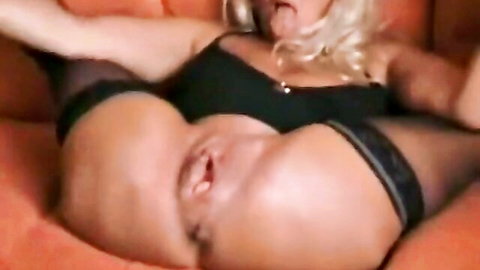 Blonde big ass MILF rides bald man's face pussy grinding orgasm on couch