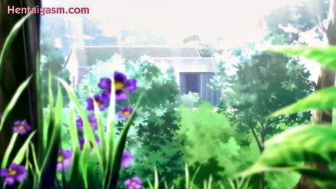 Hentai anime window view of lush green garden with purple flowers and trees