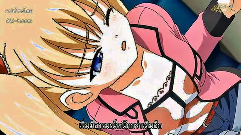 Blonde anime girl with blue eyes exposing large breasts in pink blazer, hentai style from Oni Chichi Reborn