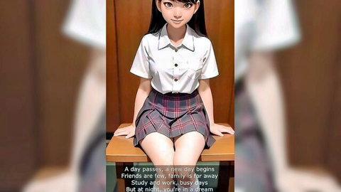 Anime Japanese schoolgirl in sailor uniform sitting seductively on desk