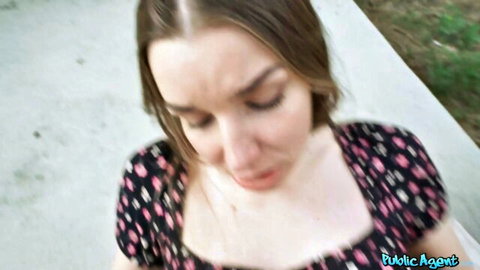 Sexy European woman in floral dress outdoors, tight pussy play
