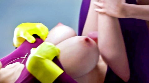 Busty woman in yellow gloves teasing exposed nipples in Apocalust game scene