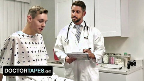 Gay doctor in white coat examines young blond twink patient in hospital gown medical checkup