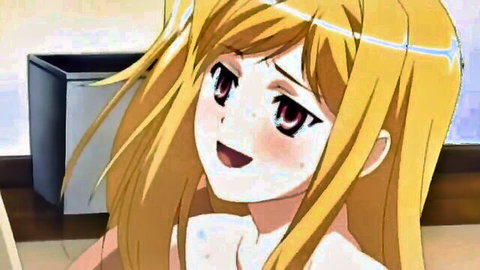 Blonde anime babe with long hair smiling seductively in nude tease