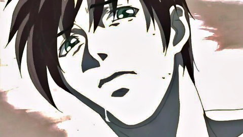 Intense anime male character with green eyes and dark hair close-up