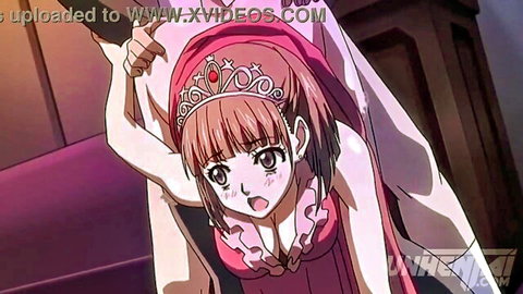 Blushing hentai teen princess in pink frilly dress bent over with hand groping her exposed ass