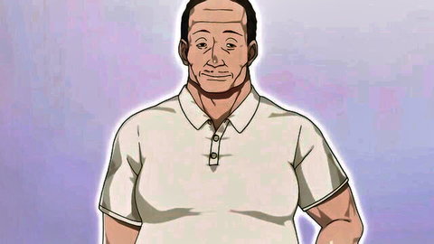 Bald muscular anime man in tight white polo shirt smiling confidently