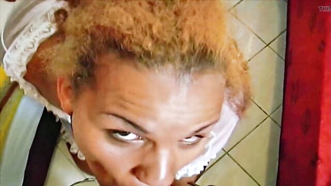 Ebony German maid in lacy white uniform, seductive POV close-up