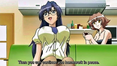 Busty anime girls with massive tits in lesbian scene, glasses and open shirt