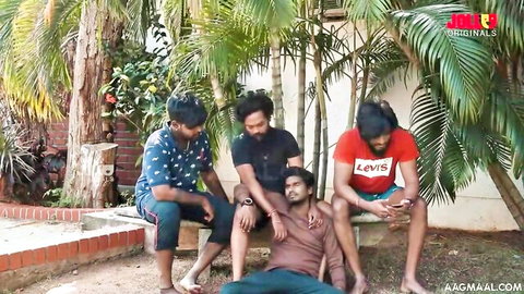 Four Indian men in casual shirts sitting outdoors near palms before wild foursome gangbang