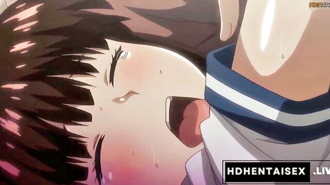 Ecstatic anime schoolgirl with black hair in sailor uniform, teary ahegao face in hentai scene