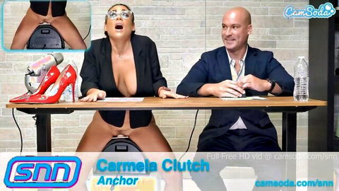 Carmela Clutch as hot Latina TV anchor exposes pussy for Sean Lawless seduction