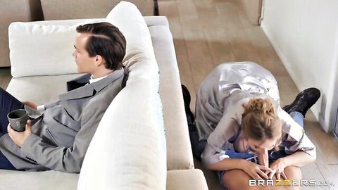 Lena Paul on knees giving blowjob to suited man in cheating scene