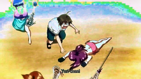 Anime beach volleyball teens in wild group sports fun with guy