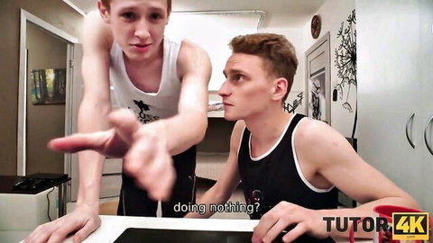 Naughty ginger student confronts hot blonde teacher at desk in steamy tutor encounter