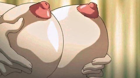 Hands squeezing massive bare tits with erect pink nipples closeup