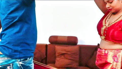 Indian wife in red saree groped on hip by man in blue shirt teasing foreplay