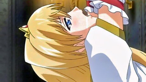 Blonde anime babe with teary eyes moaning ecstatically in white frilly dress hentai scene