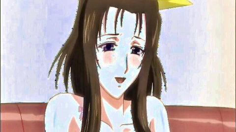 Brunette hentai babe with big tits and ahegao face in topless ecstasy on couch