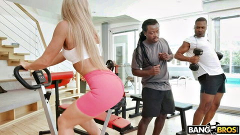 Miss Sally's interracial gym threesome with Darrell Deeps & Freddy Gong