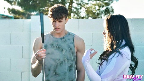 Jade Maris teases Parker Ambrose with golf club in outdoor sporty flirt
