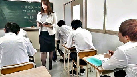 Chisato Shoda as sexy Japanese teacher in classroom with students, JAV