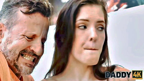 Anie Darling close-up with smiling mature man in Daddy4K tease
