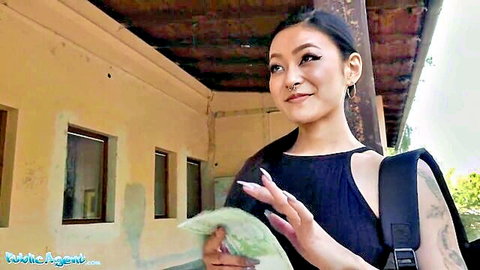 Rae Lil Black Japanese beauty in black top outdoors for public cash sex