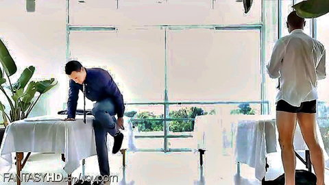 Two men in massage prep, one in underwear; Holly Michaels DP Massage scene