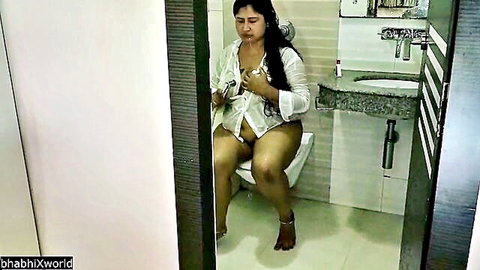 Indian stepsister exposing nude body on toilet in open white shirt, taboo family sex preview