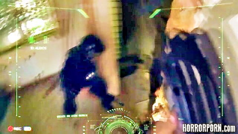 Zombie horror porn POV scene with shadowy figures in dark corridor