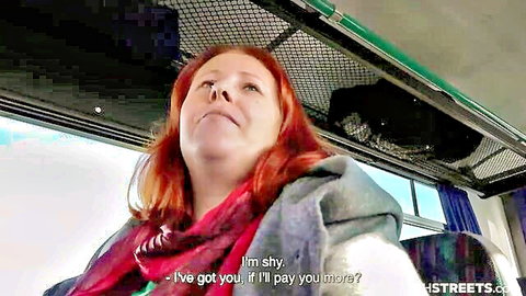 Shy redhead Czech MILF in hoodie on public bus, luxurious amateur encounter