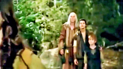 Fantasy group in medieval costumes in forest for Hollywood Sex parody