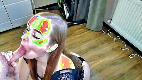 Colorful face painted stepdaughter in black lingerie gives deep blowjob