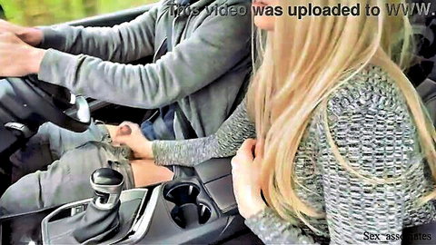Blonde babe in gray sweater holding hands intimately with guy in car amateur public tease
