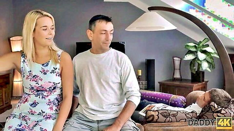 Nikky Dream in floral dress cheats with handsome stepdad, smiling intimately