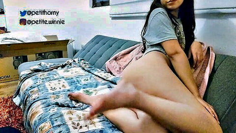 Asian beauty masturbates exposed in front of roomie, solo nude tease