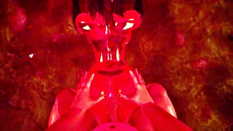 Red demonic woman in explicit spread-leg pose, latex body and big tits