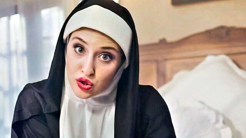 Surprised thicc nun in black habit with wide eyes and red lips, repenting sins