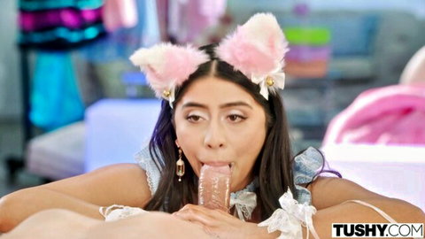 Violet Myers in kinky cat ears lingerie licking cock during titty fuck