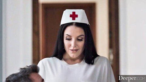 Brunette nurse in low-cut uniform smirking with deep cleavage tease