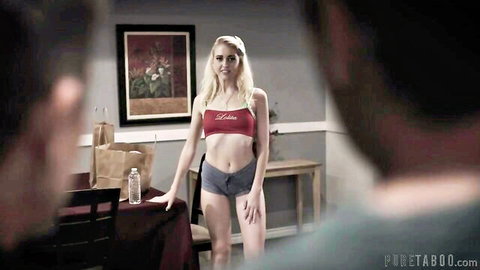 Chloe Cherry petite blonde in red crop top and grey shorts, teasing pose