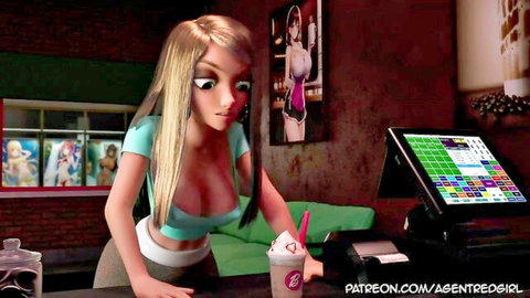 Agent Red Girl in low-cut teal tank top, big tits, behind counter in animated scene